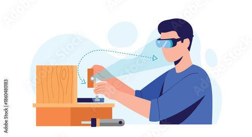 Craftsman using augmented reality glasses that project digital instructions directly onto a wooden piece for precision assembly.