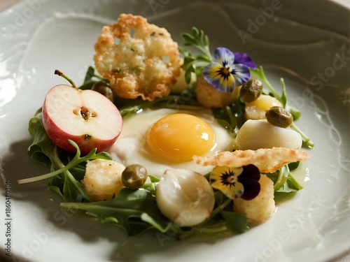 Garnished with Egg yolk tempura, Garlic Tuille, Land cress, Capers apple and Pansies petals.
