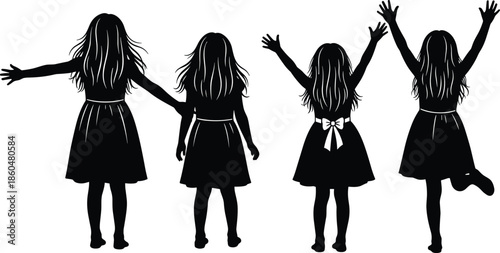 Little girls silhouettes from back view showing playful poses and happiness isolated black vector illustration for childhood joy concept