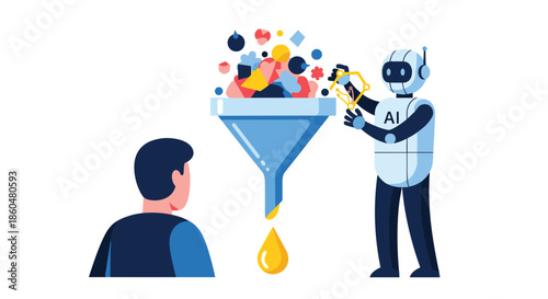 AI robot helps a person filter a large volume of chaotic, unstructured data through a funnel to extract valuable insights.