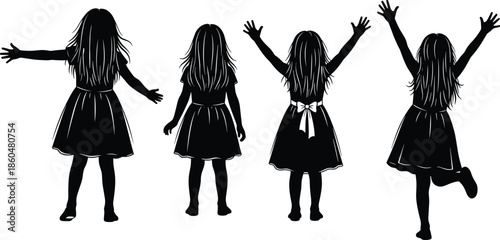 Little girls silhouettes showing playful poses happiness and childhood joy isolated black vector illustration for kids fashion innocence concept