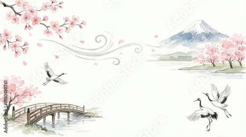 Serene cranes dancing under cherry blossoms tranquil mountain landscape watercolor art peaceful nature scene aerial view japanese cultural essence
