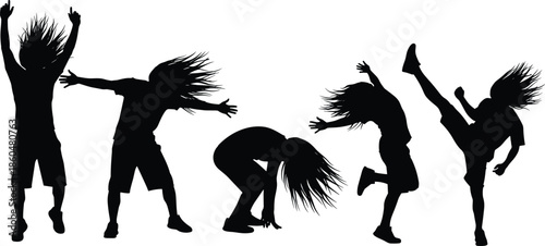 Energetic dancing people silhouettes showing freedom movement music rhythm isolated black vector illustration for youth lifestyle celebration concept design artwork
