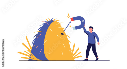 A man uses a large AI-branded magnet to easily find a needle in a haystack, symbolizing the power of AI in problem-solving.