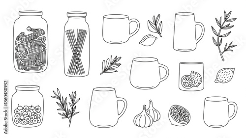 Collection of hand-drawn kitchen ingredients and tableware including jars of pasta and spices mugs and fresh produce perfect for culinary design and recipes