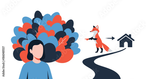Abstract concept of guidance where a clever fox points the way home for a woman with a mind full of chaotic thoughts.