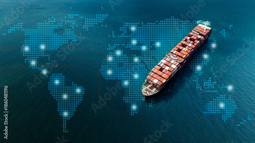 Aerial top-down view of a large container cargo ship sailing through turquoise ocean waters logistics, transportation and international shipping routes.