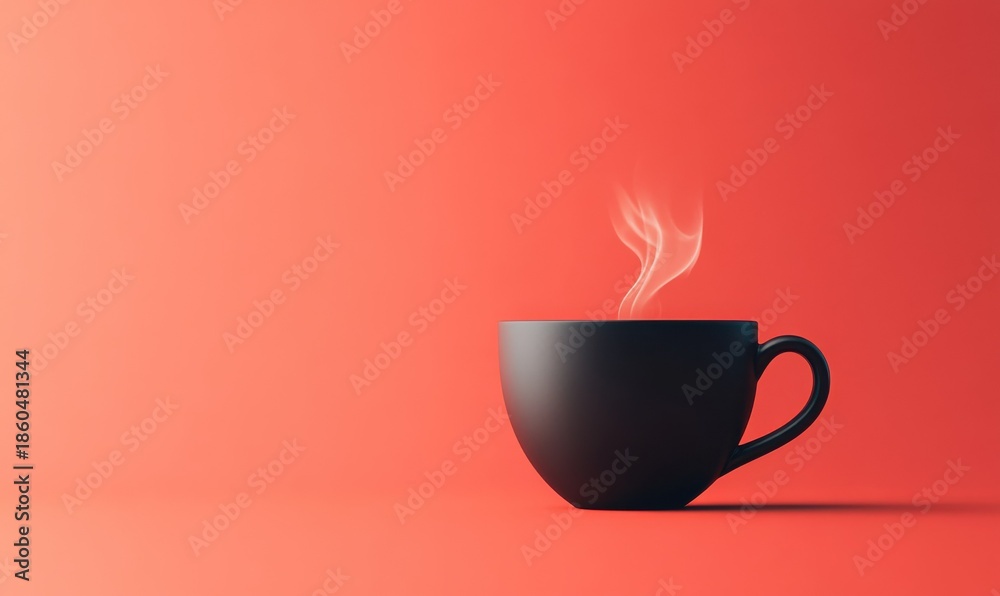 Obraz premium Minimalist coffee cup with steaming black coffee placed on a vivid red background, emphasizing bold simplicity and morning energy,