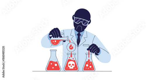 Scientist in a laboratory coat and goggles conducting a dangerous chemical experiment, pouring a hazardous red liquid into a flask.