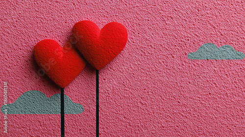 Two vibrant red hearts gently touch, rising gracefully from a textured pink backdrop, evoking feelings of affection, love, and unity.