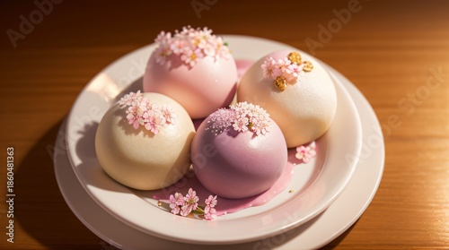 Elegant pastel Japanese sweets on white plate with cherry blossom decoration, soft spring mood