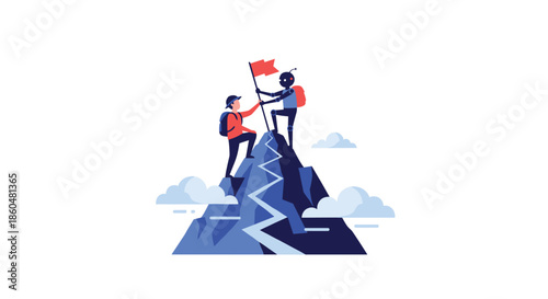 Human and AI robot climbers collaborating to reach a mountain summit, planting a flag to symbolize achieving a shared goal.