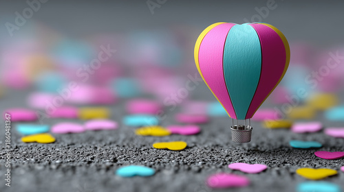 A whimsical hot air balloon takes flight, its heart-shaped design and vibrant hues of pink and blue evoke a sense of freedom and joy, a perfect metaphor for dreams and aspirations.