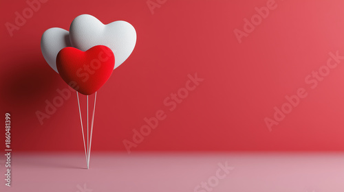 Three heart-shaped balloons, one crimson and two ivory, gently float against a soft red backdrop, symbolizing love, affection, and the celebration of connection. 