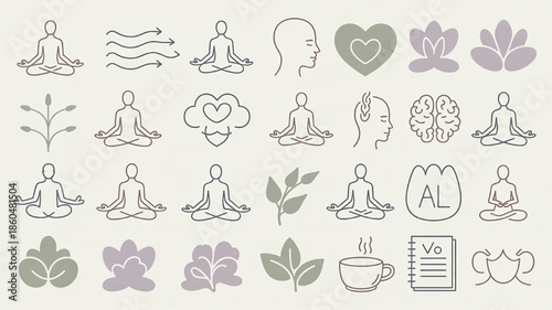 Collection of minimalist yoga and meditation icons representing wellness mindfulness and healthy lifestyle concepts perfect for apps and web design