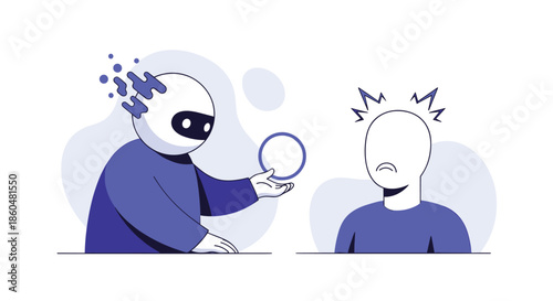 Futuristic robot with a digitally dissolving head offers a simple circular solution to a person suffering from mental stress.