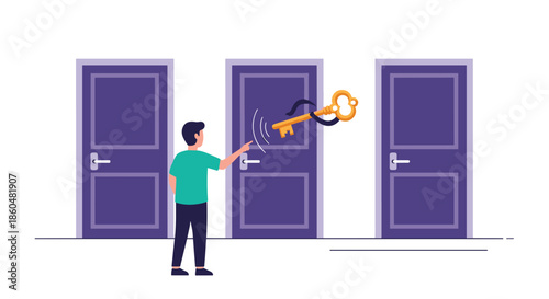 Man facing three doors making a choice, while a magical key flies towards the correct one, symbolizing an intuitive solution.