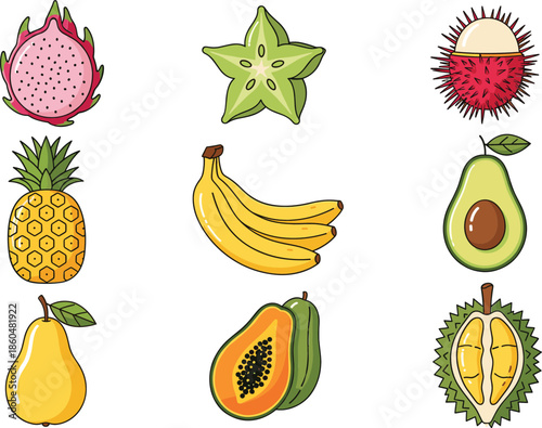 Tropical fruit icons collection with dragon fruit banana pineapple avocado papaya pear and exotic fruits isolated on white background vector illustration