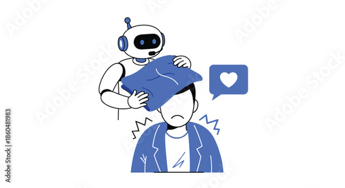 Empathetic AI robot provides comfort and stress relief to an anxious man by placing a soft pillow over his head for calm.