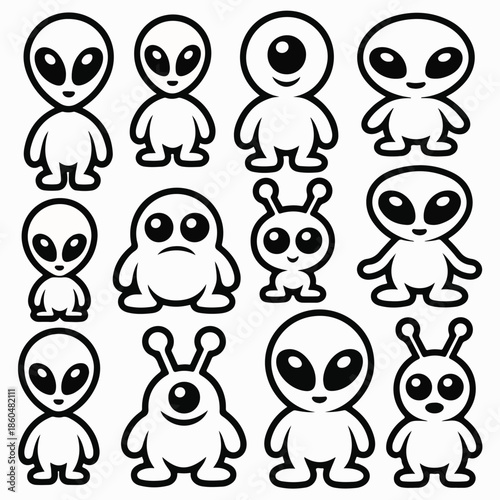  Black & White Cartoon Alien Characters Vector Set