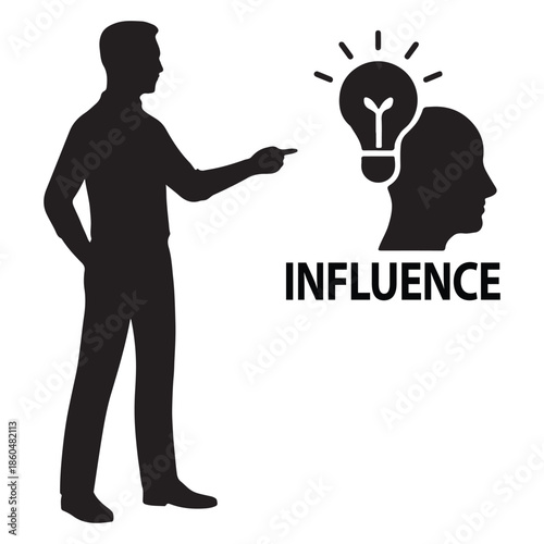 Man pointing towards a lightbulb representing a new idea or influence on a person's thoughts.