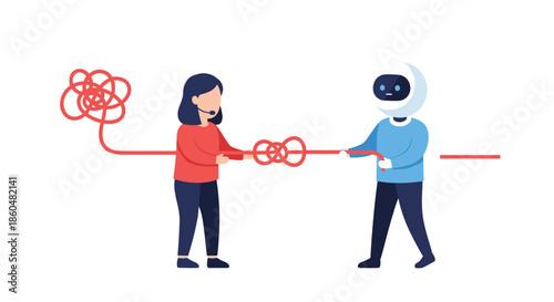 Human-AI collaboration with a female customer service agent and a robot working together to untangle a complex, chaotic line.