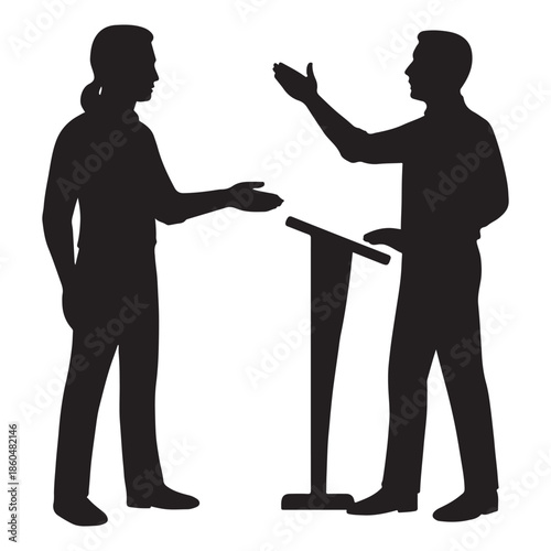 Two men in silhouette engaged in a discussion, one gesturing at a podium.