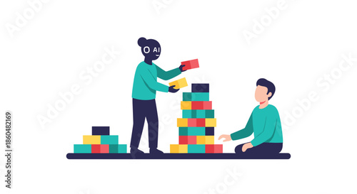 A man and an AI character work together, joyfully building a tall tower out of colorful blocks, symbolizing collaborative creation.
