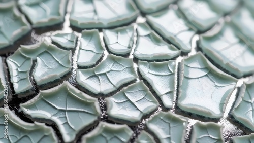 Macro detail of fractured seafoam glaze silver reveal with patina abstraction and controlled shatter texture inspiration