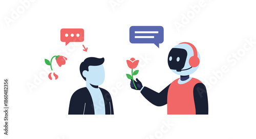 An AI customer service bot with a headset turns a man's negative experience, a wilted rose, into a positive one with a fresh rose.