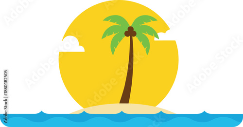 Tropical island illustration with palm tree ocean waves and bright sun for summer vacation and travel concepts isolated on white background flat vector design