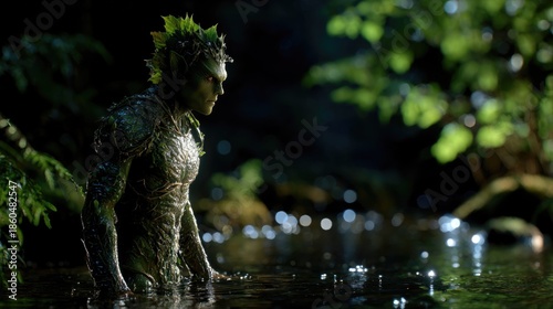 Japanese Folklore Kappa with Wet Skin and Rippling Water
