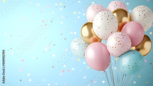 Pink White and Gold Balloons on Light Blue Background