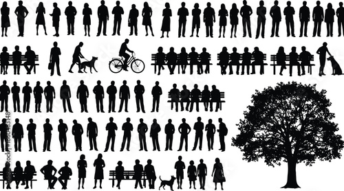 Large collection of black people silhouettes, men women standing, sitting on bench, walking dog, tree, cad drawing flat vector illustration.