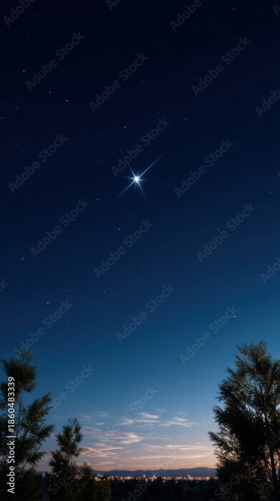 Fototapeta premium Glowing Star Symbol Illuminates Night Sky in Stunning Framing of Celestial Landscape