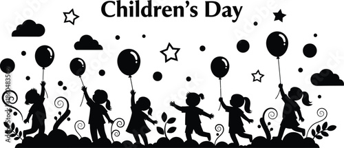 Children’s Day Celebration Parade Silhouette Black Vector EPS