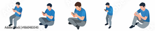 Isometric Diverse Man Sitting Using Cellphone Collection Character Illustration