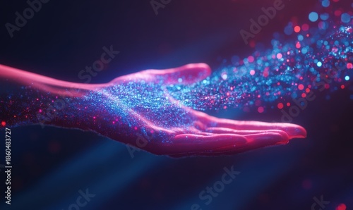 Outstretched hand holding glowing holographic data streams, representing seamless digital connectivity and technological advancement.