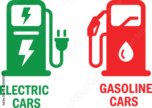 Electric, versus gasoline car icons comparison showing charging station and fuel pump eco friendly transportation energy concept vector illustration design