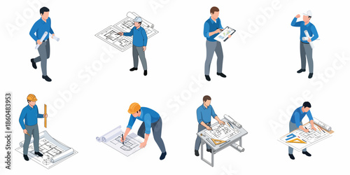 Isometric Cartoon Architect Working on Blueprint in Different Poses Illustration Set