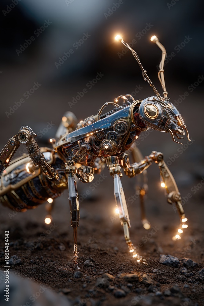 Fototapeta premium A massive insect enhanced with mechanical limbs, armor plating, and glowing sensors, crawling or hovering over terrain
