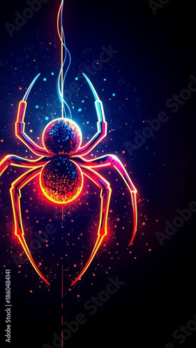 Neon spider emerges: vibrant glowing spider animation with dynamic sparkling effects