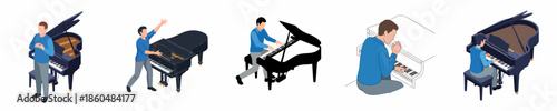 Flat Graphic Collection of Person Playing Grand Piano Music Instrument