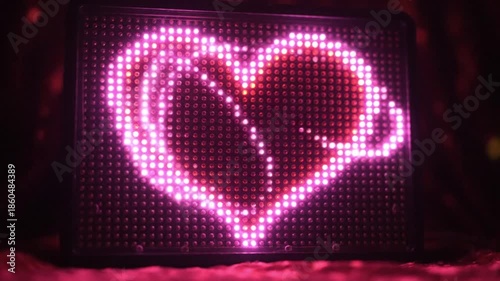 An electronic display board illuminates a vibrant pink and red heart shape composed of many glowing lights set against a dark blurred background
