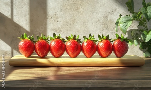 Plump red strawberries arranged on a wooden plank, their glossy surface catching soft natural light, evoking a fresh and summery vibe,