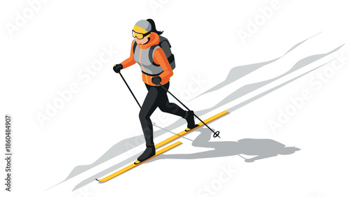Isometric winter skiing adventure: woman in motion on snowy slope with gear