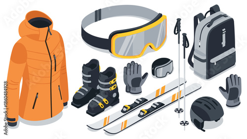 Isometric winter sports gear: ski jacket, equipment, and accessories set