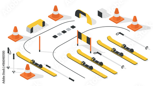 Winter sports equipment and safety gear in isometric design