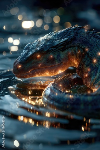A reptilian lake guardian dragon, sometimes glowing, coiled near or emerging from a calm lake