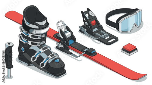 Isometric winter sports gear: ski boot, binding, goggle, and accessory set